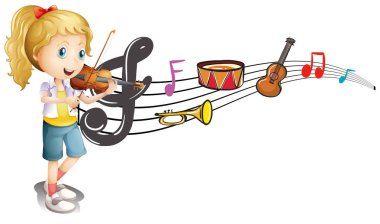 Arka planda müzik notları ile Keman çalmaya kız