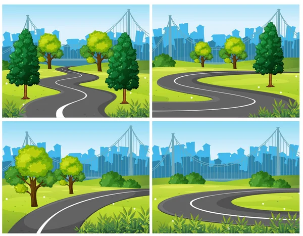 Four scenes of city park and roads — Stock Vector