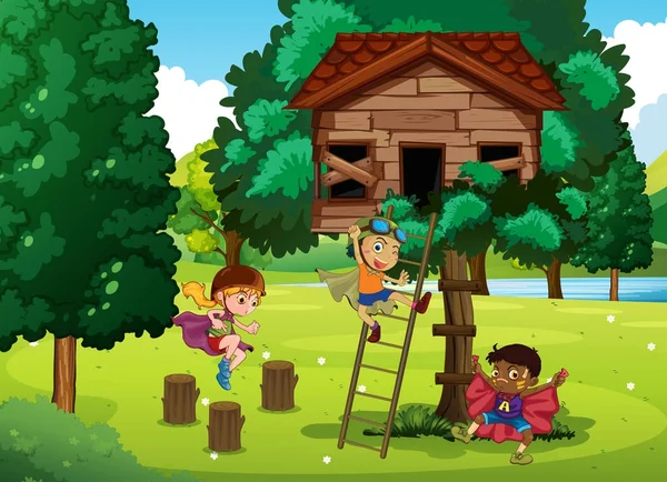 Dzieci bawiące się w domku na drzewie — Wektor stockowy