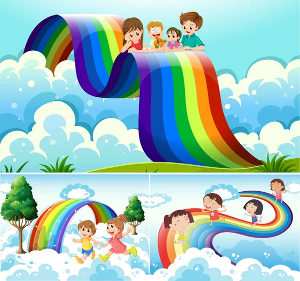 Crianças felizes sobre o arco-íris —  Vetores de Stock