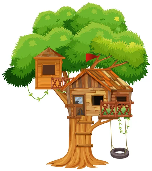 Casa del árbol con columpio en el árbol — Vector de stock