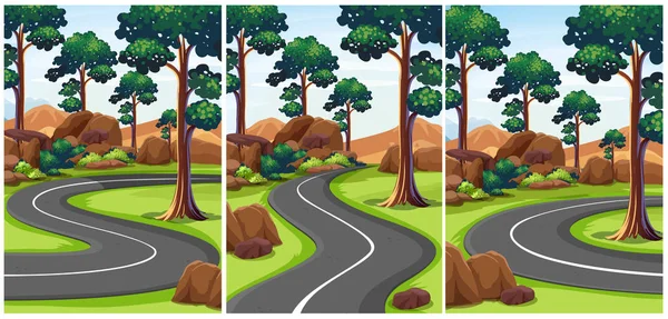 Trois scènes de parc avec des routes vides — Image vectorielle