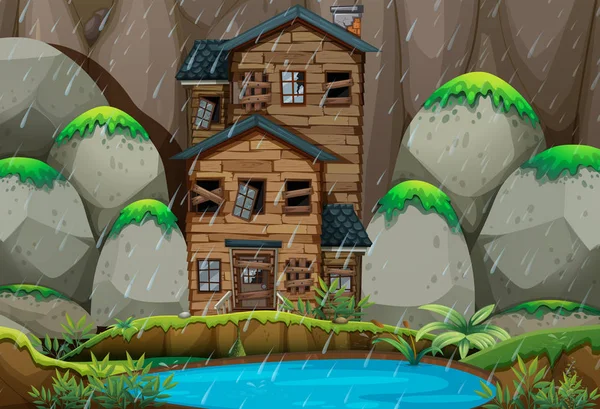 Casa arruinada pela lagoa na estação chuvosa — Vetor de Stock