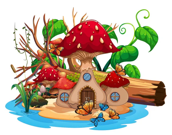 Casa de cogumelos na lagoa — Vetor de Stock