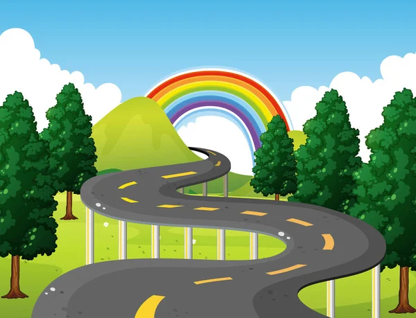 道路と背景に虹の公園シーン — ストックベクタ