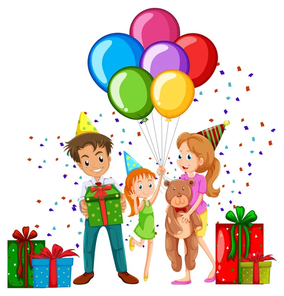 Familie bei Geburtstagsfeier mit Luftballons und Geschenken — Stockvektor