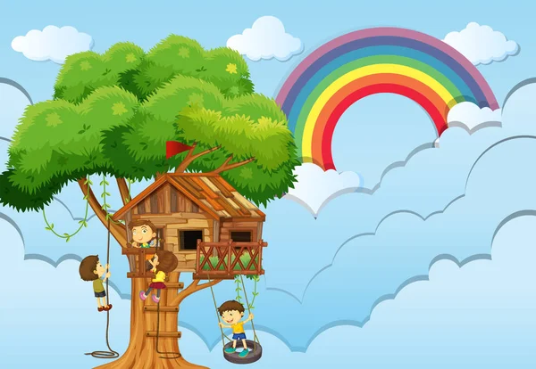 Kinderen spelen op treehouse — Stockvector