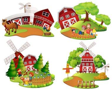 Four scenes of farmyard with people and animals