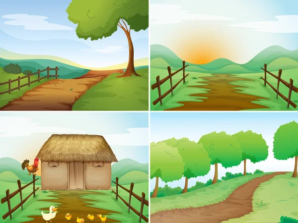 Cuatro escenas de campo con cabaña y senderos — Vector de stock