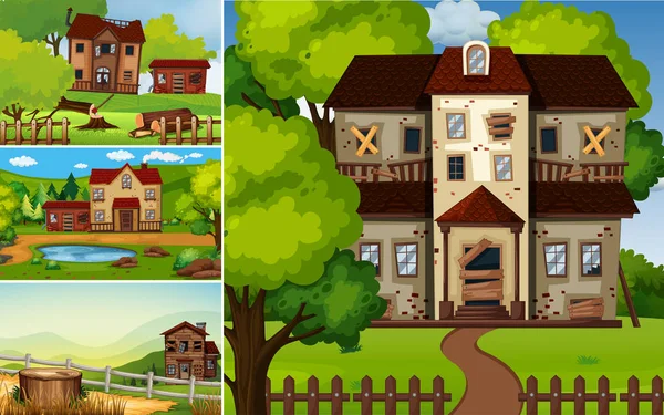 Scenes with ruined houses in the park — Stock Vector