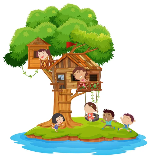 Niños felices jugando en la casa del árbol en la isla — Vector de stock