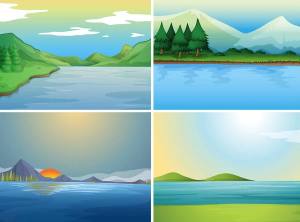 Cuatro escenas de fondo con lago y colinas — Vector de stock