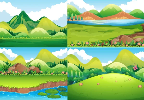 Quatro cenas de fundo com campo verde e rio — Vetor de Stock