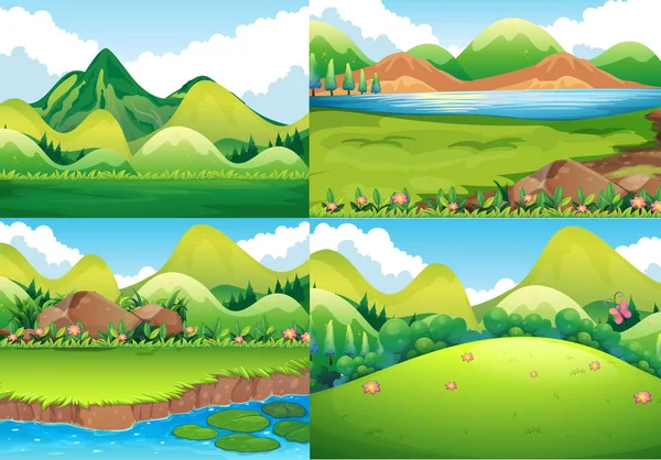 Four background scenes with green field and river