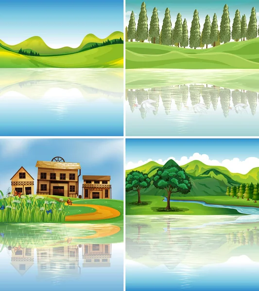 Vier achtergrond scènes met reflecties op rivier — Stockvector