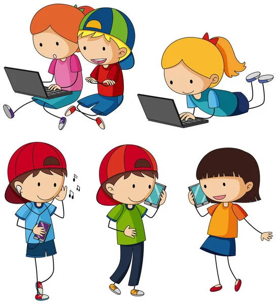 Niños haciendo diferentes actividades con dispositivos de entretenimiento — Vector de stock
