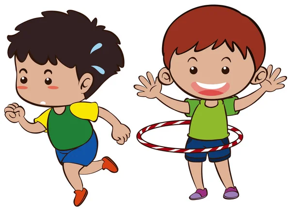 Δύο αγόρια τρέχουν και hulahooping — Διανυσματικό Αρχείο