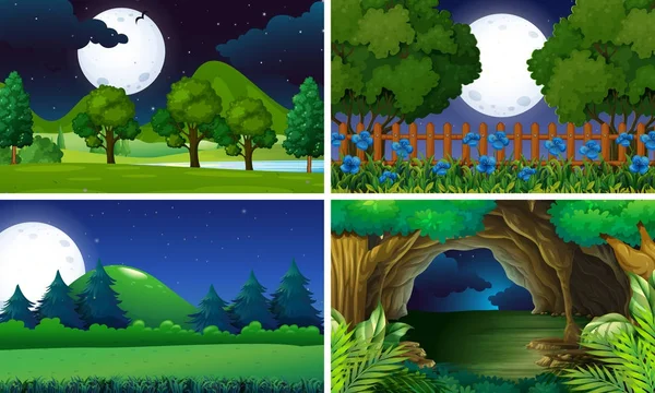 Four scenes of park at night time — Stock Vector