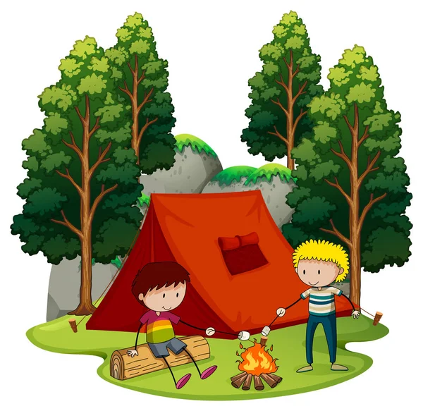 Two boys camping out in the woods