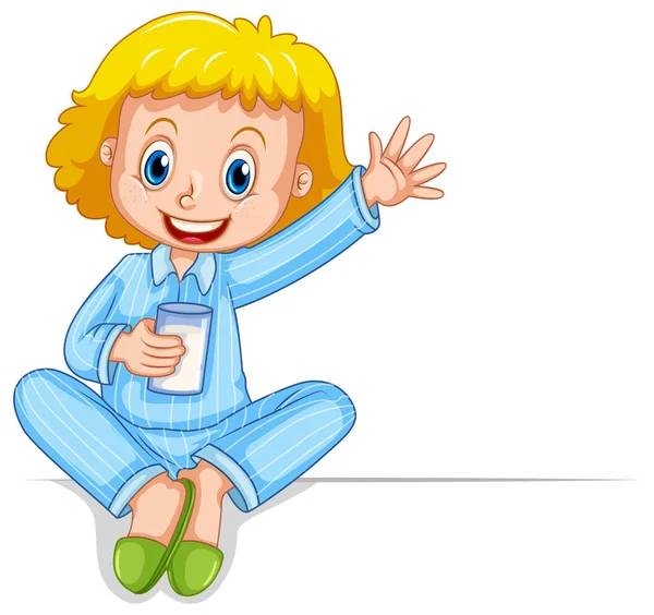 Klein meisje in pyjama holding glas melk — Stockvector