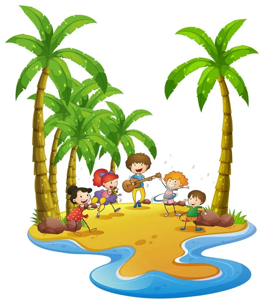 Enfants heureux jouant des instruments sur l'île — Image vectorielle