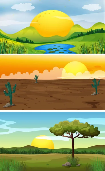 Three background scenes at sunset — Stock Vector