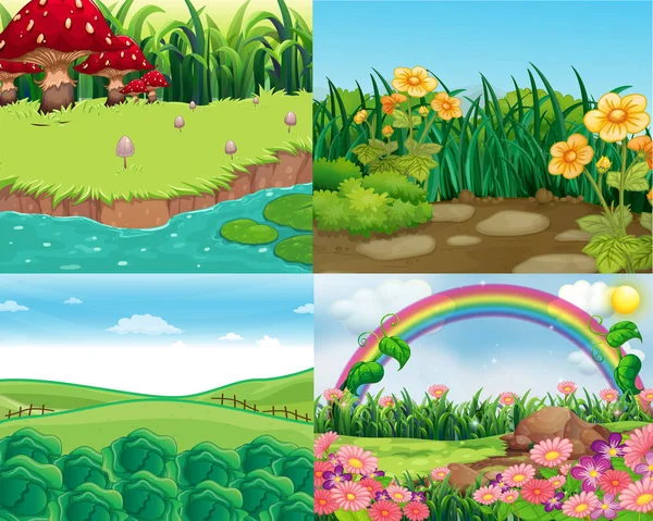 Quatre scènes avec légumes et fleurs — Image vectorielle
