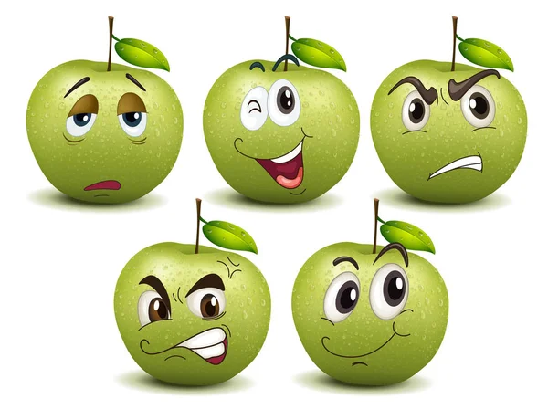 Manzanas verdes con diferentes emociones — Vector de stock