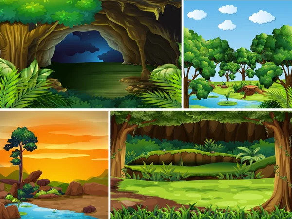 Four forest scenes at different time of day — Stock Vector