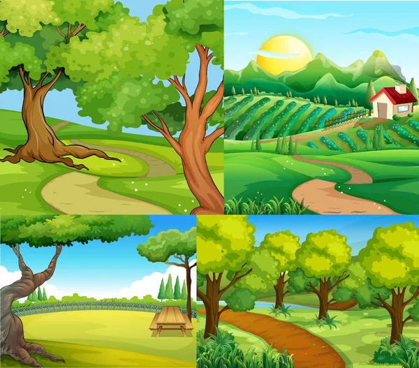 Four scenes with farm and park — Stock Vector