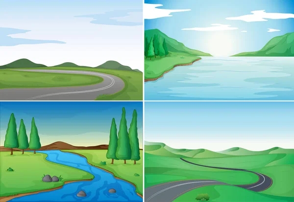 Quattro scene naturalistiche con fiumi e strade — Vettoriale Stock