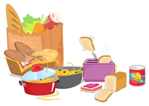 Verschillende soorten voedsel met groenten en pasta — Stockvector