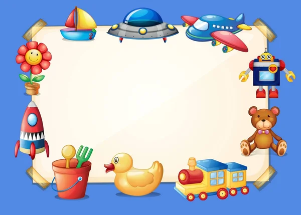 Bordüre-Vorlage mit verschiedenen Spielzeugen im Hintergrund — Stockvektor