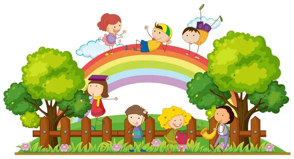 Χαρούμενα παιδιά που παίζουν στο πάρκο — Διανυσματικό Αρχείο