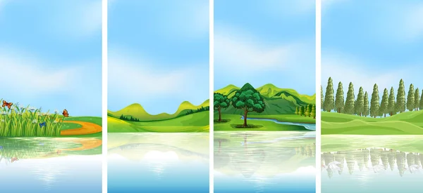Cuatro escenas de fondo con árboles en las colinas — Vector de stock