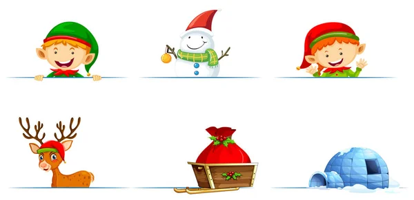Personajes navideños y trineo sobre fondo blanco — Vector de stock