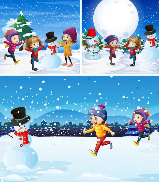 Niños jugando con muñeco de nieve en la nieve — Vector de stock