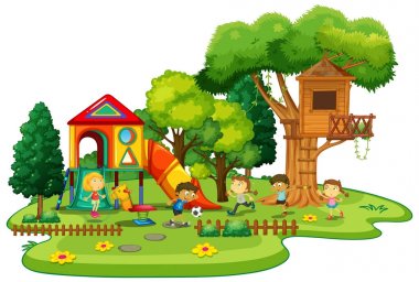 Çocuk parkında oynayan mutlu çocuklar