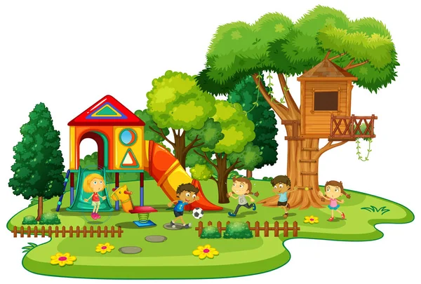 Bambini felici giocano nel parco giochi — Vettoriale Stock