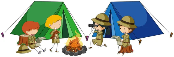 Cuatro niños acampando — Vector de stock
