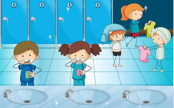Çocuklar diş fırçalama ve soyunma odasında elbise alma — Stok Vektör