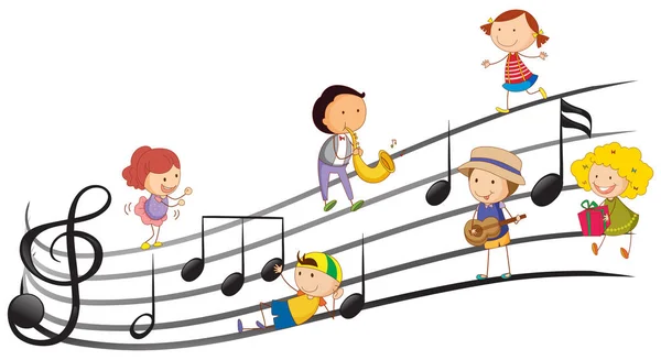 Gente tocando instrumentos musicales con notas musicales en el fondo — Vector de stock