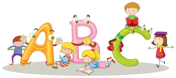 Lettertype Abc en gelukkige kinderen — Stockvector