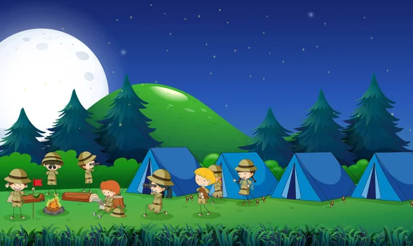 Kids camping out in the forest — Stock Vector