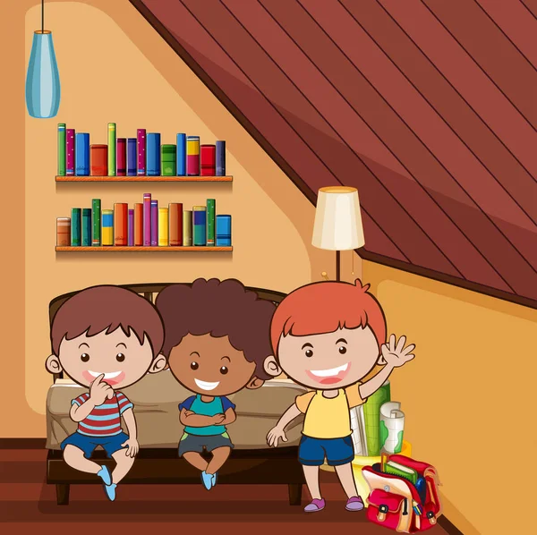 Tres niños felices en el dormitorio — Vector de stock