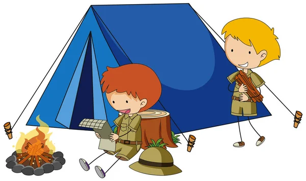Dos chicos acampando — Vector de stock