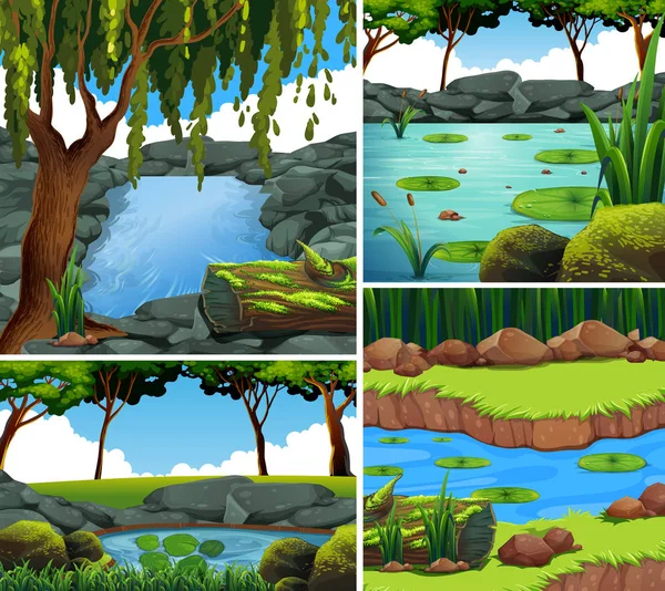 Cuatro escenas de fondo con río en el bosque — Vector de stock