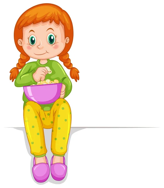 Маленька дівчинка в піжамі їсть попкорн — стоковий вектор