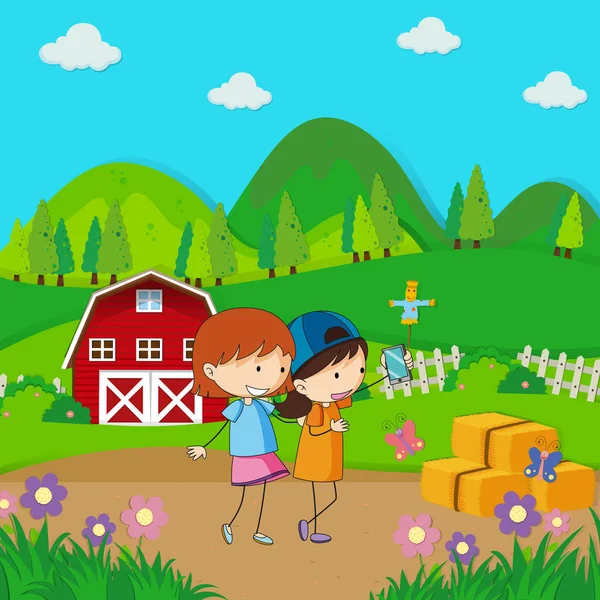 Two girls taking selfie in the farmyard — Stock Vector