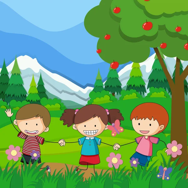 Three children playing in the park — Stock Vector